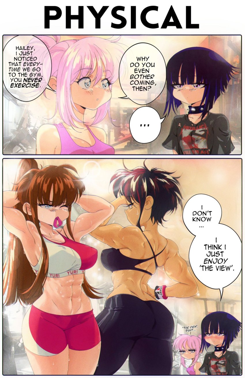 4girls abs blush brunette color comic female female_only goth_girl grs- hailey_(grs-) humor jogging_pants metallica multicolored_hair muscular_female original original_characters pink_hair ponytail print_shirt purple_hair sharon_(grs-) shorts spiked_collar sweaty tank_top text text_bubble yuri