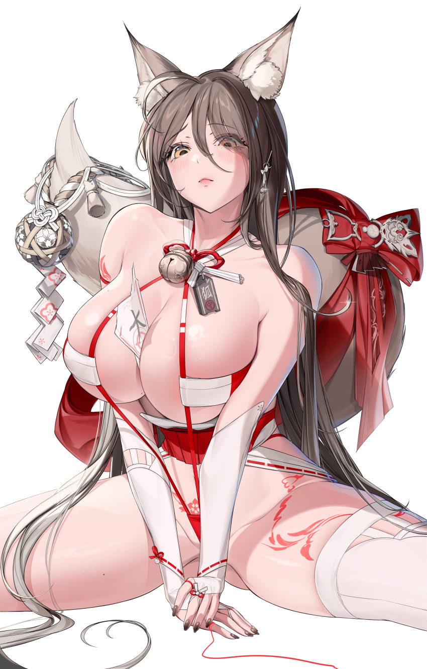 areola_slip beauty_mark body_markings colored_nails fox_ears fox_girl fox_tail hakama huge_breasts madaen miko no_background open_legs painted_nails scantily_clad simple_background sling_top squeezing_breast staring staring_down yellow_eyes