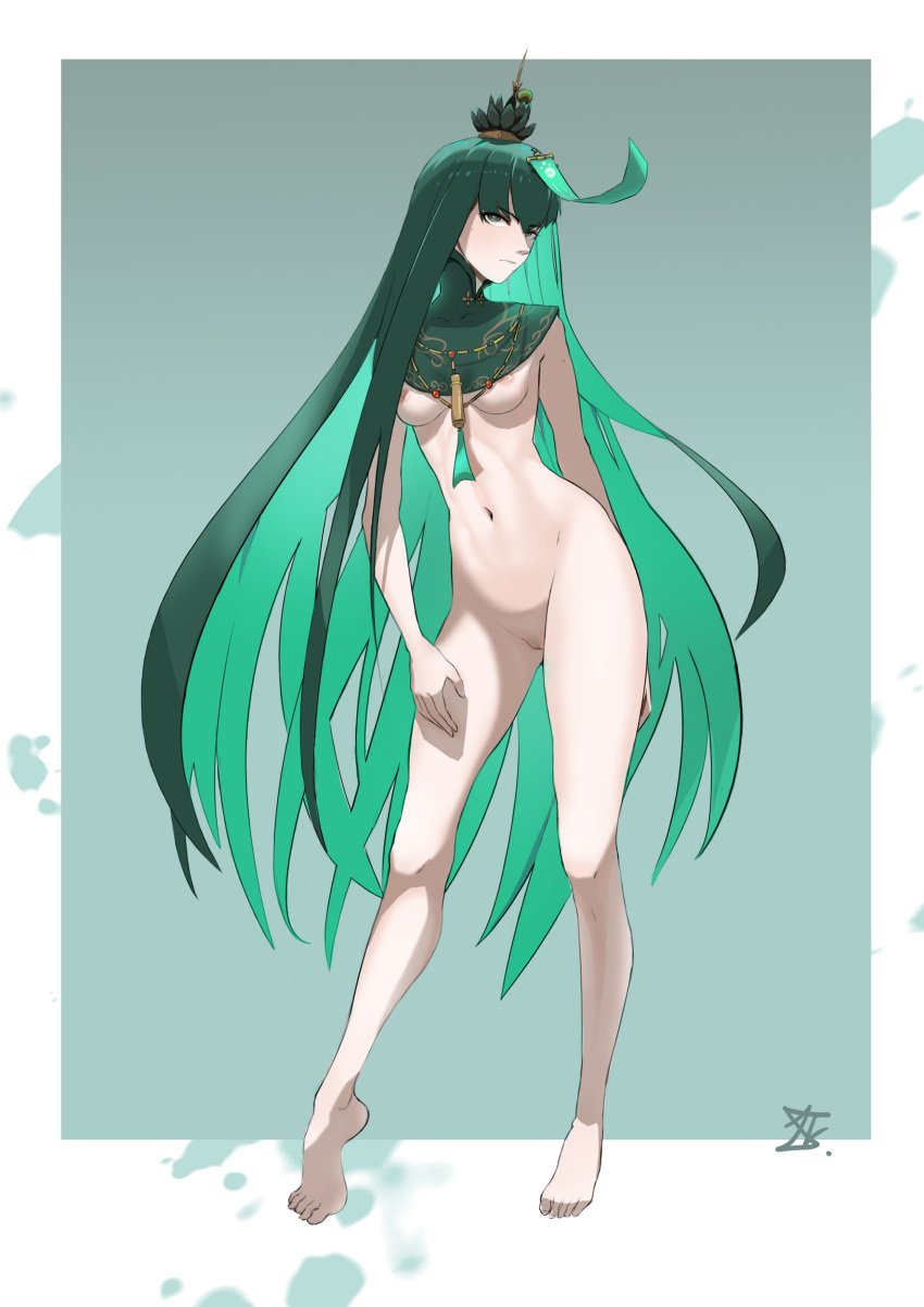 1girls black_hair breasts crown feet female_only full_body green_hair grey_eyes highres nude pale_skin pubic_hair punishing:_gray_raven pussy qu_(punishing:_gray_raven) robot_girl solo very_long_hair