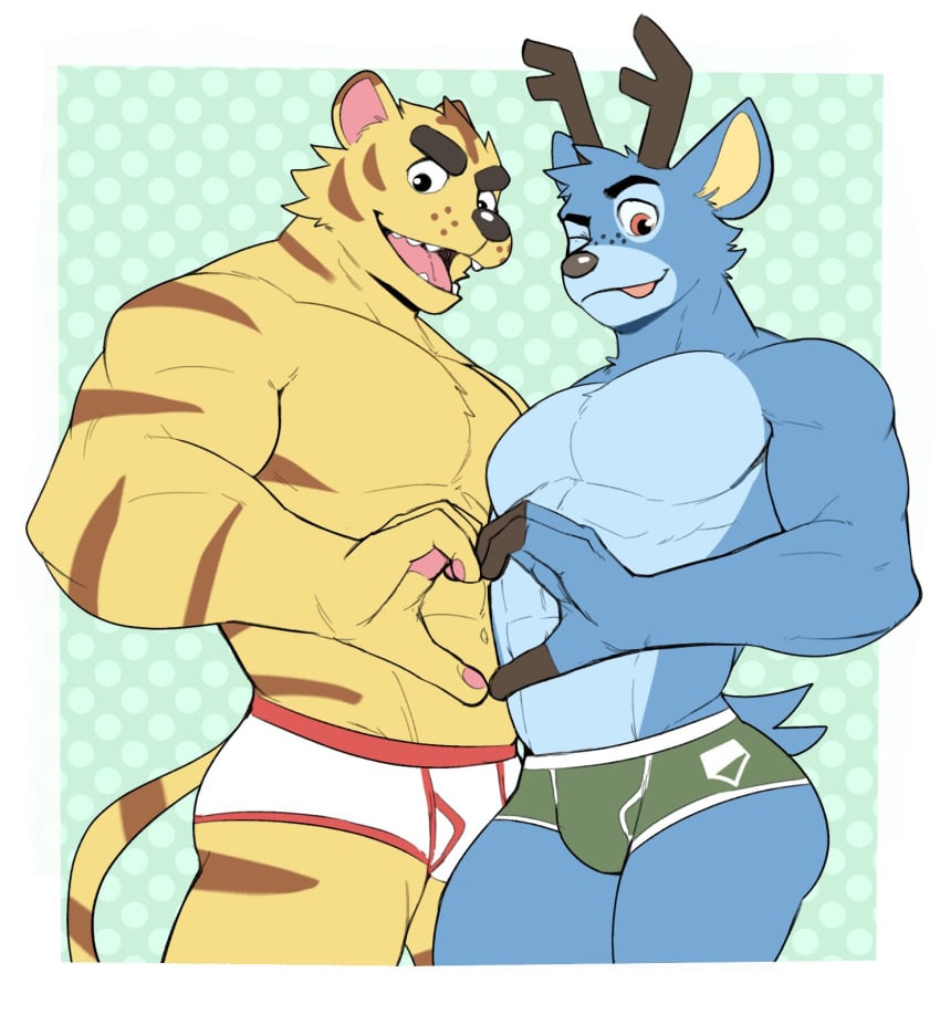 2boys animal_crossing anthro bam_(animal_crossing) bara bulge deer duo feline gay hand_heart heart_hands male_only muscular solo solo_anthro solo_male tail tiger tybalt_(animal_crossing) underwear underwear_only