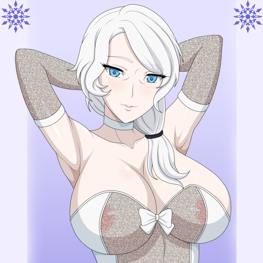 1girls areolae big_breasts blue_eyes breasts eyebrows_visible_through_hair looking_at_viewer milf nipples reiichiart rwby smile solo solo_female tagme white_hair willow_schnee