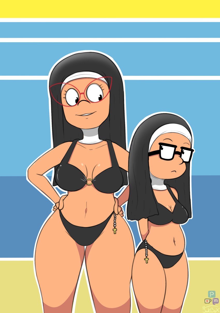 2023 belly belly_button bikini bob's_burgers color glasses hand_on_hip jookbox linda_belcher mother_and_daughter nun prayer_beads signature smiling tina_belcher