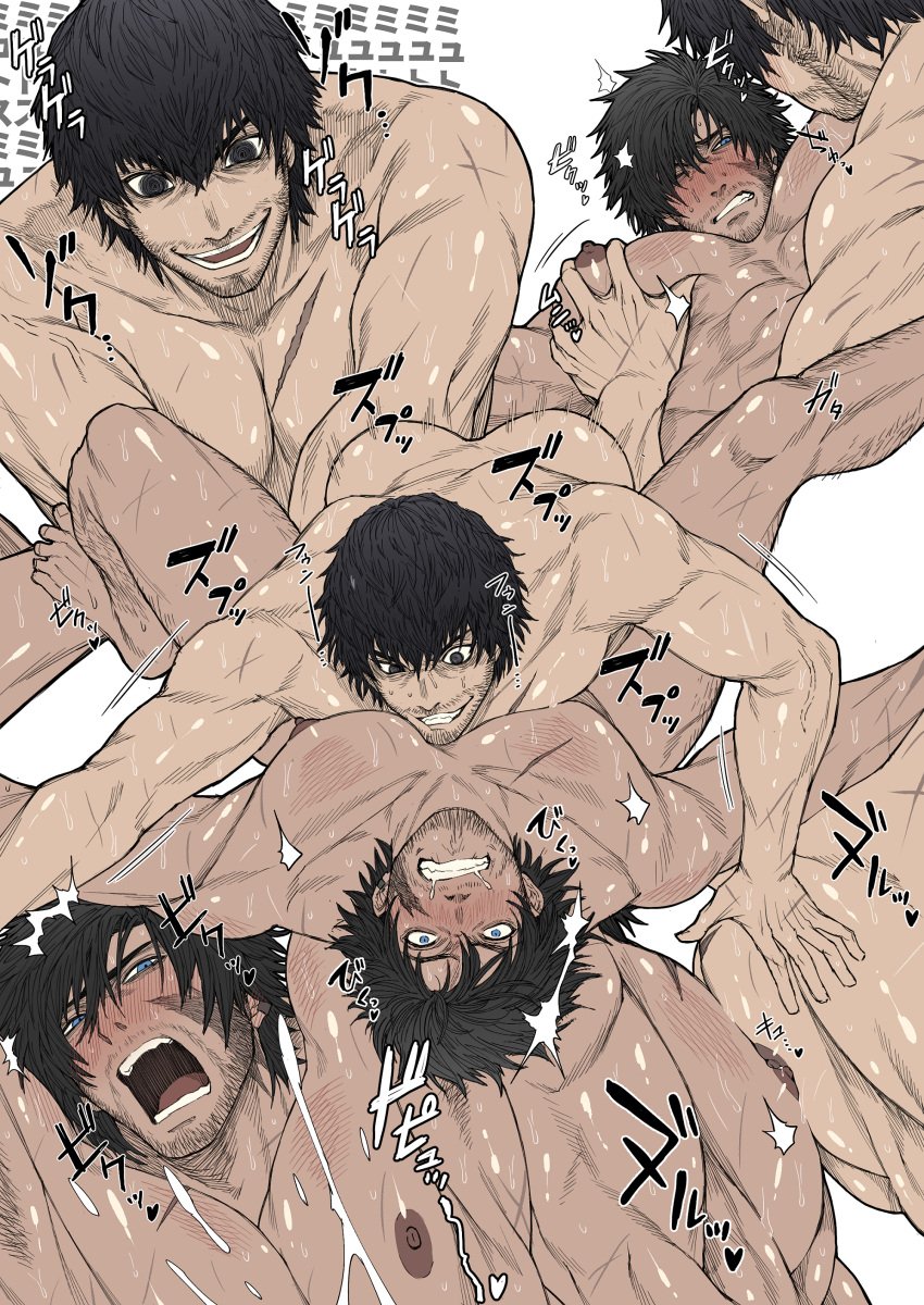 2boys absurdres anal ass bara barnabas_tharmr black_hair blue_eyes blush clenched_teeth clive_rosfield completely_nude evil_smile facial_hair final_fantasy final_fantasy_xvi gay grabbing highres large_pectorals male_focus male_rape_victim moaning multiple_boys muscular muscular_male nipples nude one_eye_closed open_mouth pectoral_grab pectorals rape scar scar_on_cheek scar_on_chest scar_on_face sex short_hair smile sucking_male_nipple teeth translation_request yaoi zanki