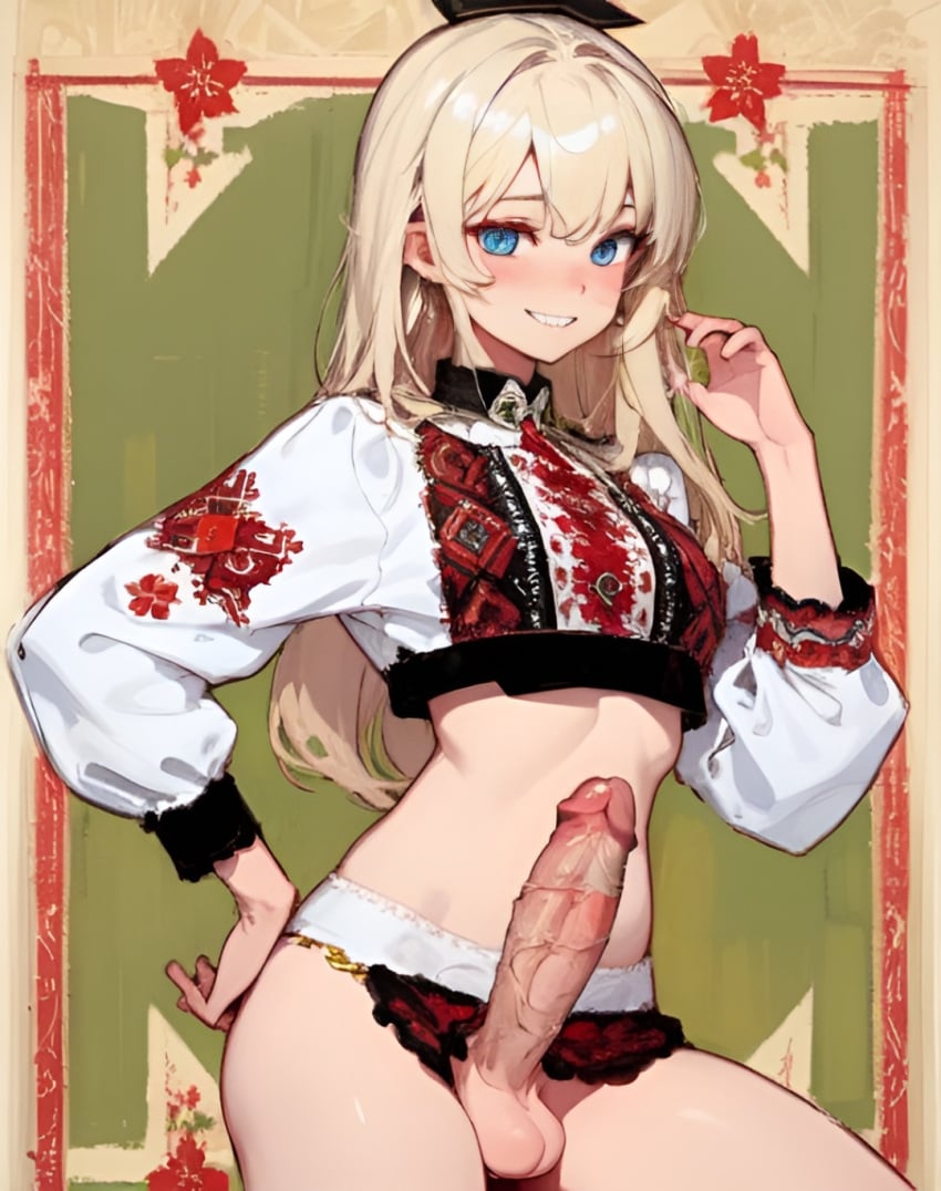 ai_generated balls blonde_hair blue_eyes erection futa_only futanari grin long_hair looking_at_viewer penis russian russian_girl skif45 smile traditional traditional_clothes veiny_penis