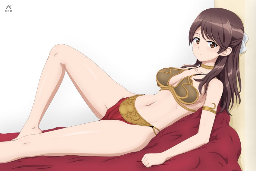 1girls acrux belly_dancer belly_dancer_outfit brave_witches brown_eyes brown_hair cleavage crossover_cosplay femsub harem_girl harem_outfit karibuchi_takami large_breasts loincloth long_hair looking_at_viewer slave slave_bikini slave_collar slave_leia_(cosplay) slave_outfit slavegirl star_wars submissive_female world_witches_series