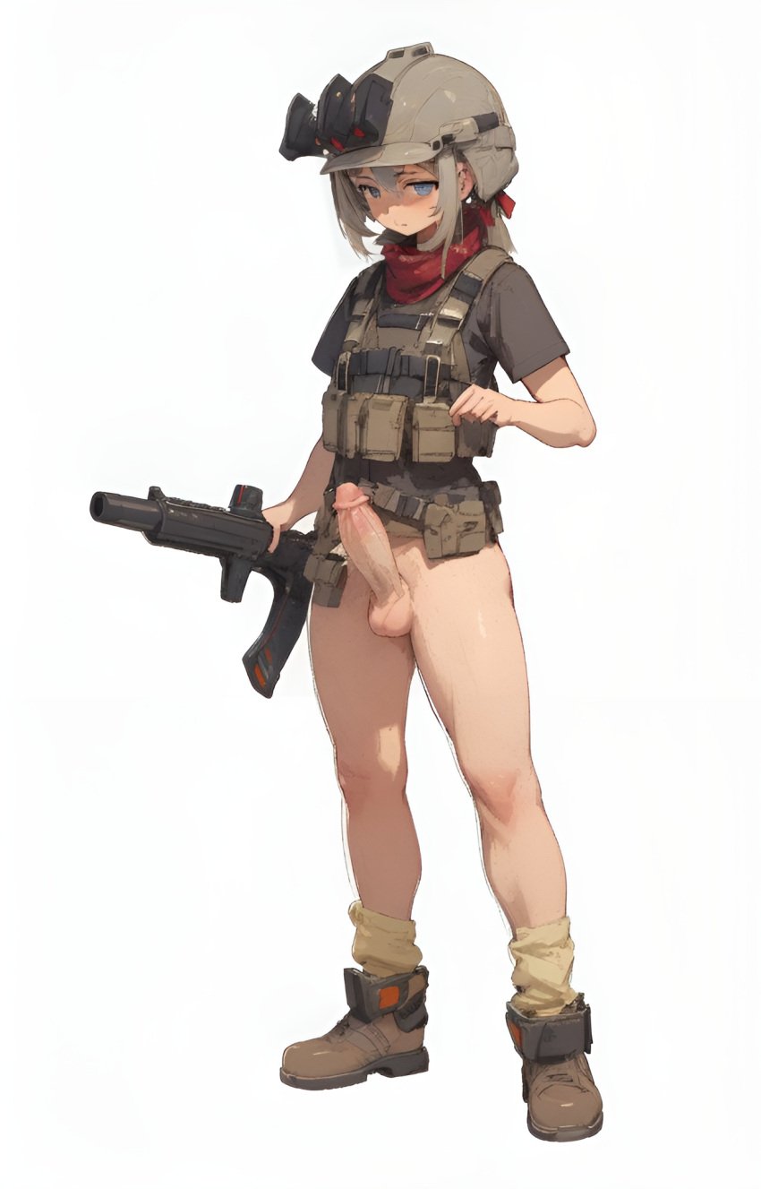 ai_generated assault_rifle balls blue_eyes boots erection futa_only futanari gun helmet looking_at_viewer military military_helmet penis rifle skif45 tactical_gear