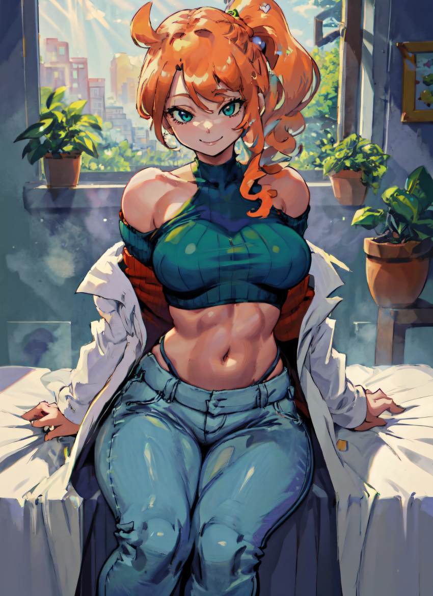 1girls ai_generated bare_shoulders big_breasts crop_top green_eyes hi_res labcoat large_breasts mabi_ai midriff navel off_shoulder orange_hair pants pokemon sitting sonia_(pokemon) thick_thighs wide_hips