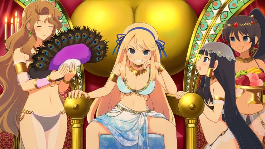 2014 4girls alternate_ending belly_dancer belly_dancer_outfit big_breasts black_hair blonde_hair breasts closed_eyes daidouji_(senran_kagura) dirty_blonde_hair dominant_female female female_only femdom femsub good_ending green_eyes harem harem_girl harem_outfit harem_w homura_(senran_kagura) katsuragi_(senran_kagura) lezdom long_hair marvelous mirai_(senran_kagura) multiple_girls official_art senran_kagura senran_kagura_(series) servant slave slavegirl small_dom_big_sub smug_face tanned_female throne throne_room yaegashi_nan yuri