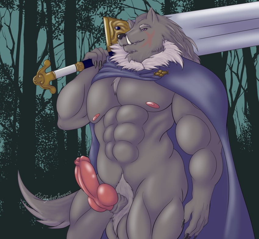 abs animal_genitalia animal_penis anthro ball_tuft balls blaidd_(elden_ring) canid canine canine_genitalia canine_penis canis cape cape_only clothing elden_ring erection fangs fluffydeerhooves fromsoftware genitals hi_res knot male male_only mammal melee_weapon mostly_nude muscle_tone muscular nipples penis scar sheath solo sword teeth tuft weapon wolf