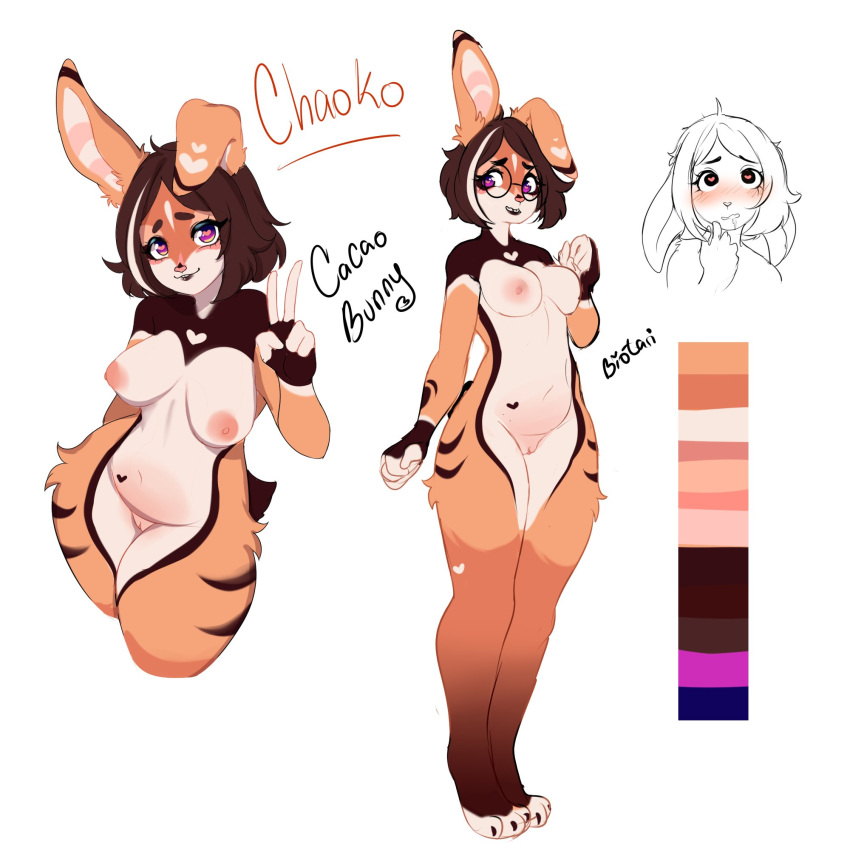 <3_eyes 1:1 2021 5_fingers anthro areola artist_name biotari biped blush blush_lines breasts brown_body brown_fur brown_hair chaoko_(biotari) character_name color_swatch english_text eyebrows eyelashes eyewear feet female female_anthro fingers full-length_portrait fur genitals glasses hair heart heart_(marking) hi_res lagomorph leporid mammal multicolored_body multicolored_fur multiple_images nipples nude nude_anthro nude_female one_ear_up portrait pussy rabbit round_glasses short_hair simple_background solo text thigh_tuft tuft white_background white_body