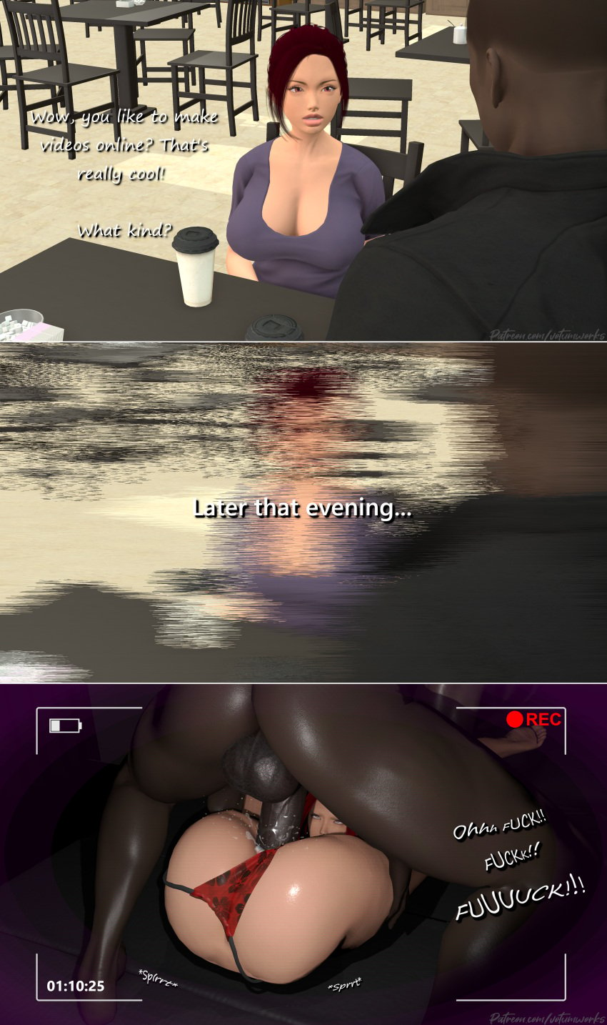 3d ahe_gao before_and_after big_ass big_balls cum_in_pussy dark-skinned_male dark_skin dialogue eyes_rolling_back filming honey_select huge_cock illusion_soft interracial mating_press nakadashi red_hair_female shiny_skin squirting_orgasm text votum votum_works