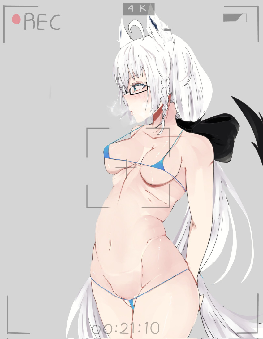 belly braided_hair breasts fox_ears fox_girl glasses hololive hololive_gamers hololive_gen_1 hololive_japan long_hair looking_away meweeze micro_bikini recording shirakami_fubuki tail very_long_hair virtual_youtuber white_hair