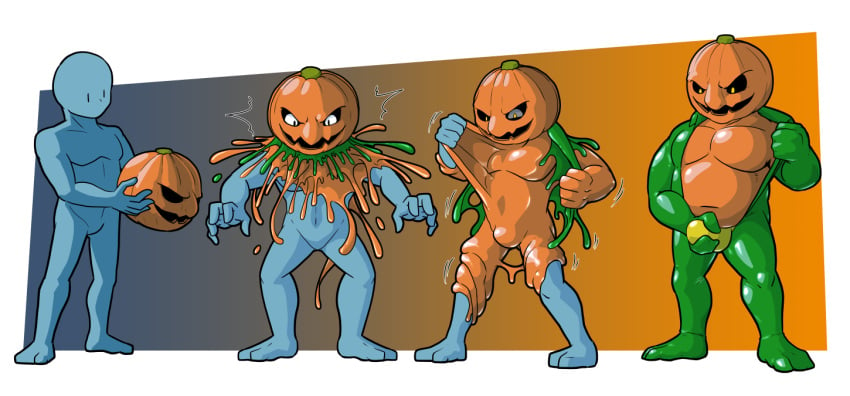 2020 4_fingers black_sclera blue_body clothing digital_media_(artwork) feet fingers food fruit goo_creature goo_transformation grey_sclera lizardman_(artist) male male_only monster orange_body plant pumpkin simple_background solo transformation transformation_sequence yellow_eyes