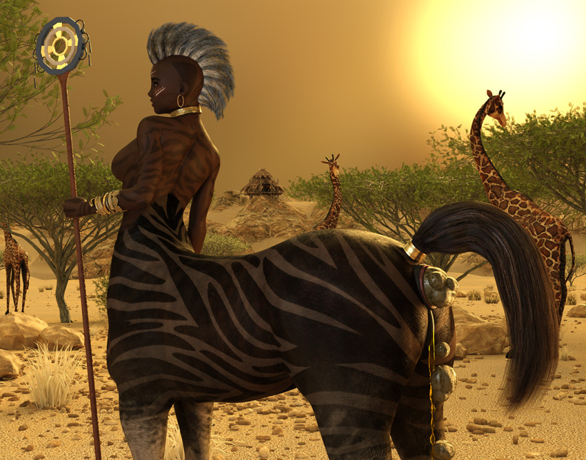 3d african african_female centaur centauress dark-skinned_female dark_skin female mohawk monster_girl scat snoferretsandbox staff taur zebra zebra_taur