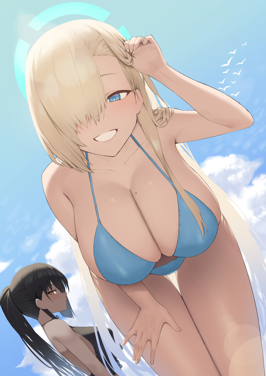 2girls absurdres alternate_costume asuna_(blue_archive) asymmetrical_bangs bikini black_hair black_one-piece_swimsuit blue_archive blue_bikini blush breasts cleavage collarbone dark-skinned_female dark_skin dutch_angle hair hair_over_one_eye hair_tucking halo halterneck hand_on_own_thigh highres huge_breasts karin_(blue_archive) leaning_forward light_brown_hair long_bangs long_hair looking_at_viewer lordol millennium_science_school_student mole mole_on_breast multiple_girls one-piece_swimsuit one_eye_covered outdoors ponytail sideways_glance simple_bird smile string_bikini swimsuit thigh_gap very_long_hair