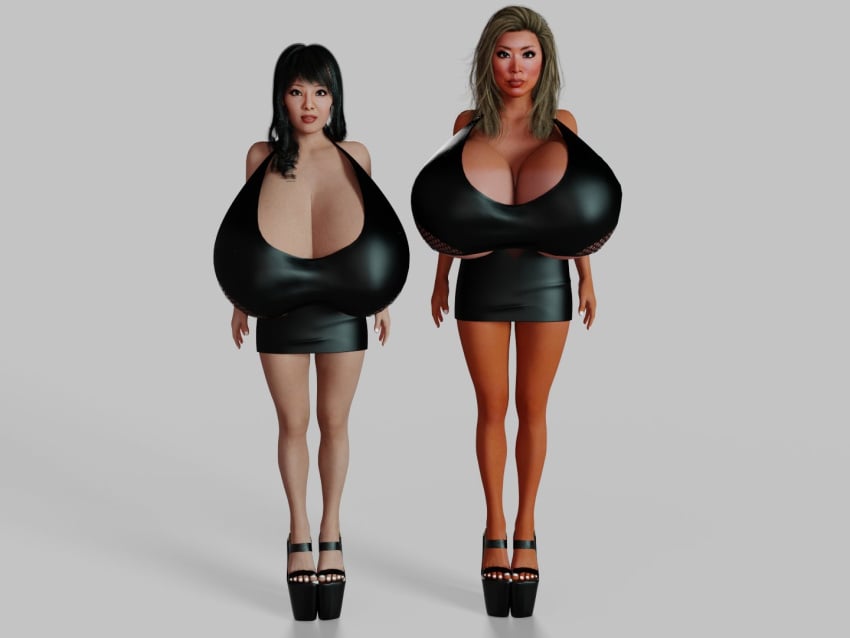 2girls 3d asian asian_female big_breasts bikini_tan black_clothing black_dress black_footwear black_hair black_heels breast_focus breasts breasts_bigger_than_head breasts_bigger_than_torso bust busty cleavage clothed deep_cleavage dirty_blonde_hair enormous_breasts female female_only front_heavy_breasts front_view full_body grey_background heavy_breasts heels height_difference high_heels hitomi_tanaka huge_breasts huge_cleavage human kinera large_breasts leather_skirt legs long_hair long_legs minka_(porn_star) minkaxxx platform_heels short_dress shorter_female simple_background skirt solid_color_background standing sunburn taller_female tan_body tan_line tan_lines thigh_gap top_heavy white_fingernails white_nails white_toenails