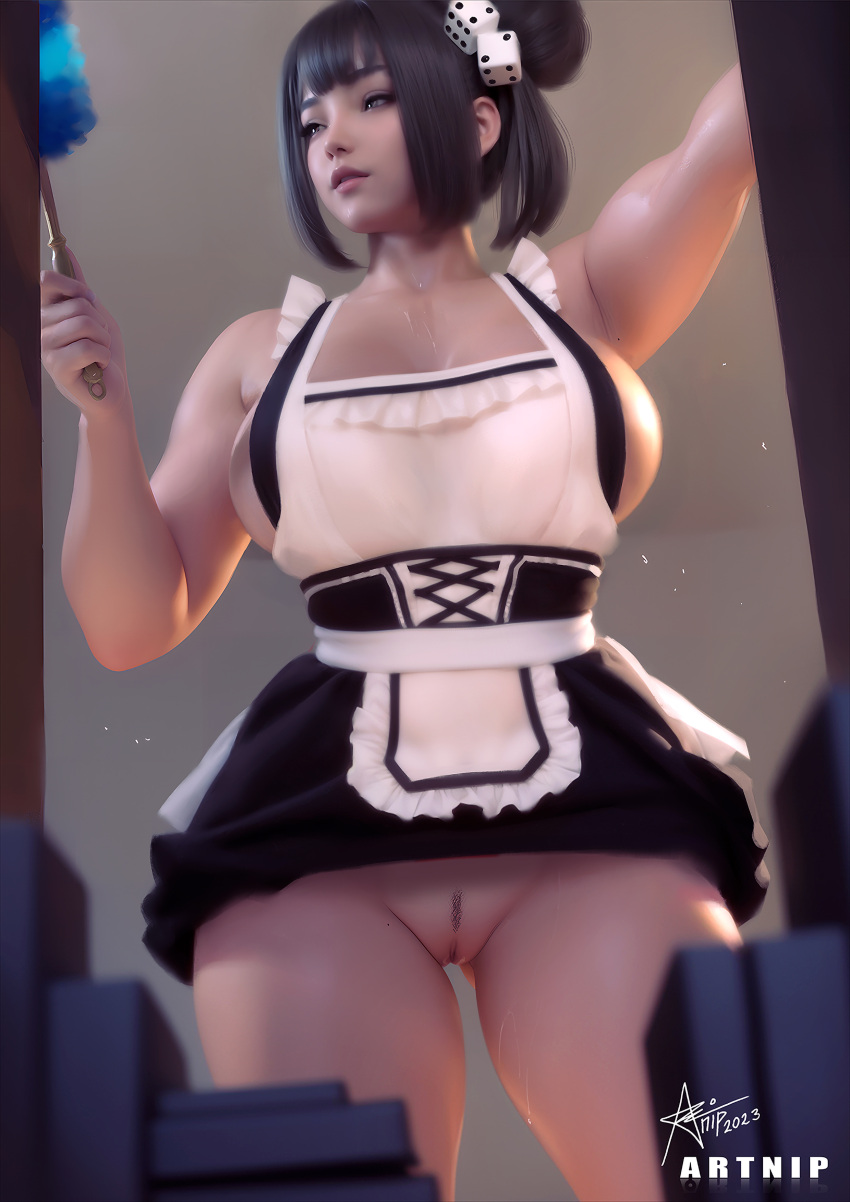 artnip black_hair bottomless maid_uniform oc original original_character pubic_hair pussy