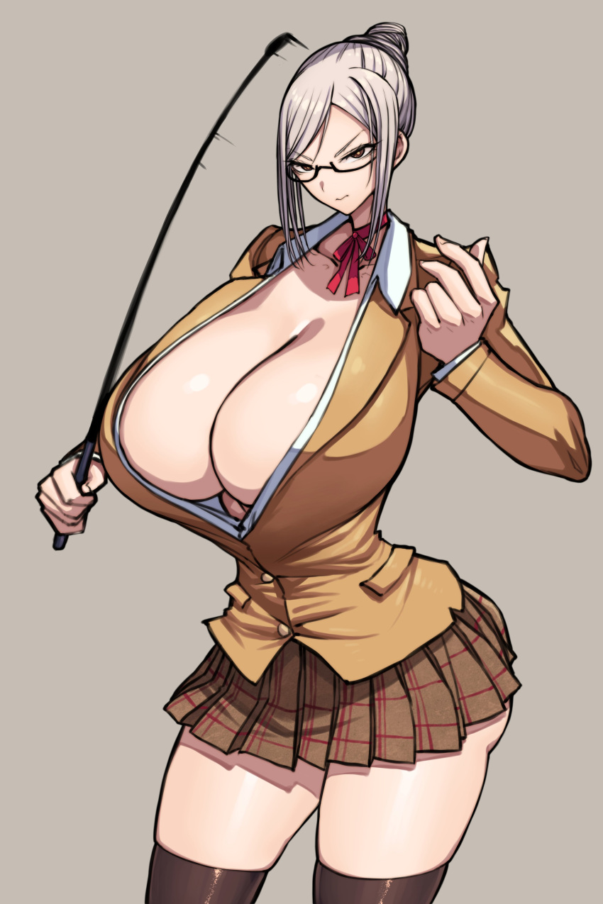 1girls breasts cleavage female female_only glasses hair_bun holding_riding_crop huge_breasts light_skin looking_at_viewer microskirt prison_school riding_crop shiraki_meiko solo solo_female whip wolffeld_price