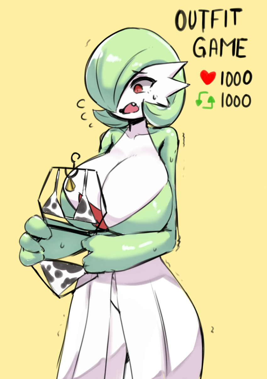 1girls big_breasts bra breasts clothed clothing cow_outfit cow_print creatures_(company) fangs female female_only game_freak gardevoir generation_3_pokemon girls_reacting_to_bikini_(meme) huge_breasts humanoid meme motion_lines mouth nintendo open_mouth outfit_game panties pokémon_(species) pokemon pokemon_(species) pokemon_rse strip_game sweat teeth tongue underwear wozzu1