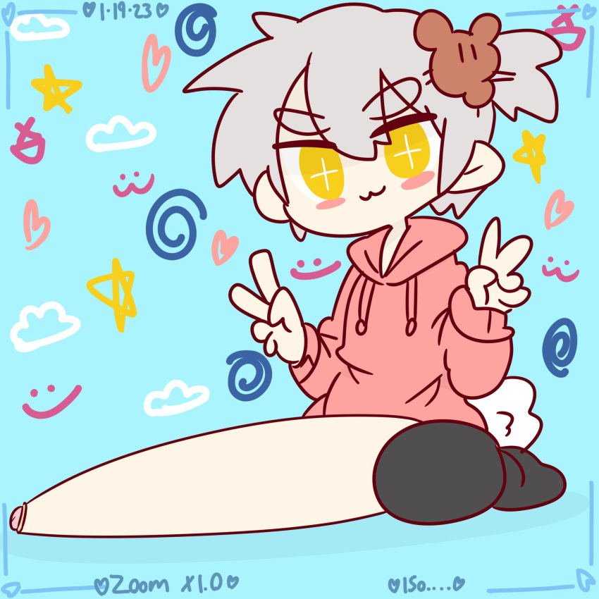 :3 arms_up blush bunny_tail camera_view cloud gakkie gakkiegakks gakkun grey_hair hair_ornament heart hoodie hyper hyper_penis peace_sign small_but_hung smile smiling_at_viewer solo_male star_(symbol) swirl swirls symbol symbol-shaped_pupils thighhighs yellow_eyes youngrnrn.