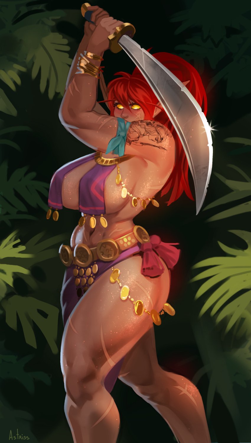 astriss athena_sunfire big_ass big_breasts big_thighs blood_elf blush breast_curtains clothed clothing female_focus female_only forest high_elf jewelry jungle piercing red_hair scars sword tattoo warcraft world_of_warcraft