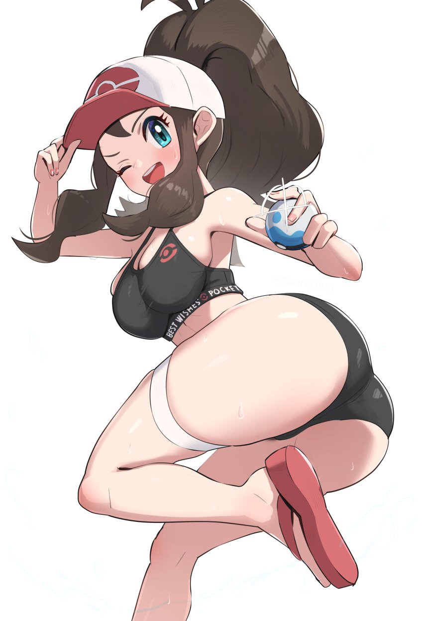 1girls ass blue_eyes breasts brown_hair female female_only game_freak gonzarez hilda_(pokemon) huge_ass large_breasts light-skinned_female light_skin long_hair nintendo pokemon pokemon_bw simple_background solo solo_female thick_thighs