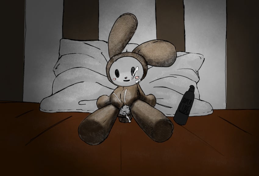 ambiguous_gender apparitionnumber2 bed bodily_fluids cum cum_inside cum_on_face emotionless furniture genital_fluids hi_res humanoid lagomorph leaking_cum leporid lube_bottle male mammal on_bed plushie plushophilia rabbit solo stitch_(sewing) stuffing_(material)