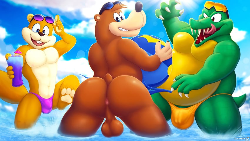 16:9 3boys anthro anus ass assisted_exposure balls banjo-kazooie banjo_(banjo-kazooie) bear bulge clothing conker conker's_bad_fur_day crossover diddy_kong_racing donkey_kong_(series) eyewear eyewear_on_head gay genitals group hi_res k_rool kremling male male_only mammal nintendo outside rareware rodent scalie sciurid speedo sunglasses sunglasses_on_head swimwear tree_squirrel trio video_games water widescreen ximorexx yaoi