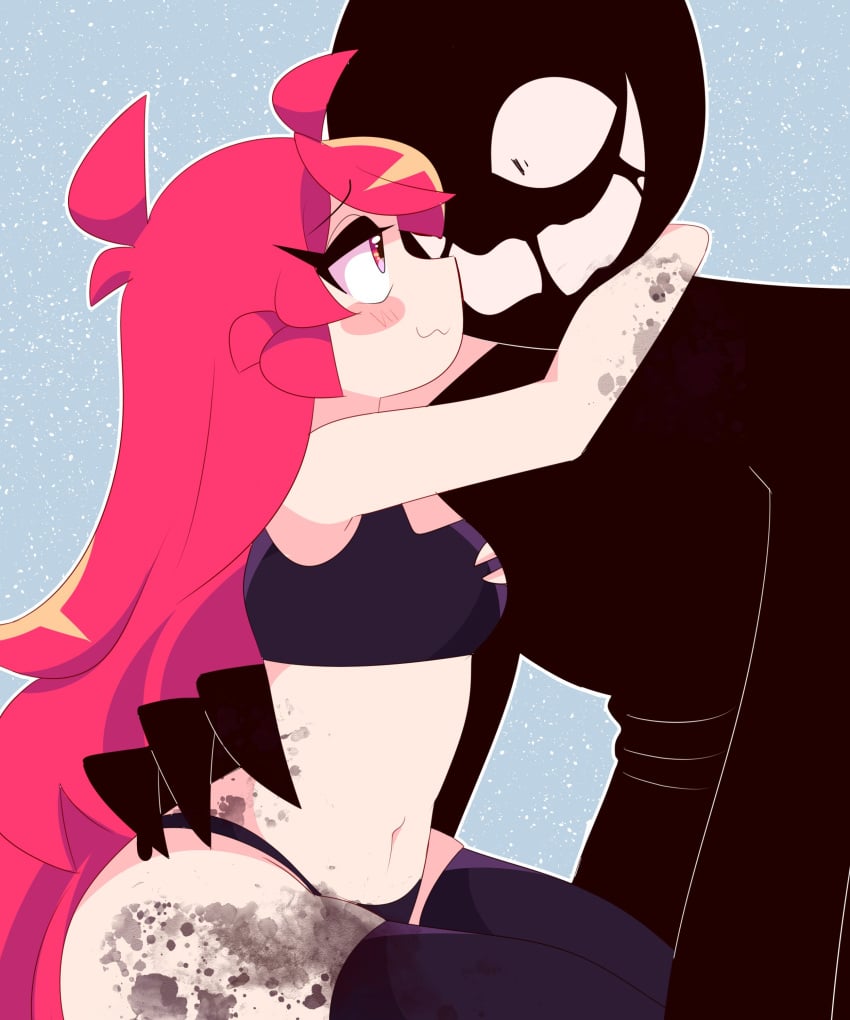 arms_wrapped_around_partner cat_eyes creepy_smile demon depression_(secretnarcissist) hand_on_hip imaginary_friend lee_(secretnarcissist) loving_gaze pink_hair ripped_clothing secretnarcissist slasher_smile smog thick_thighs voluptuous_female