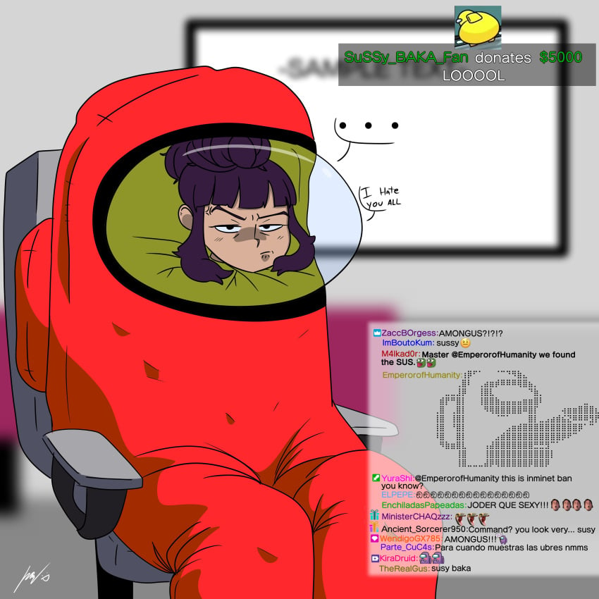 ... 1girls 2020s 2023 among_us among_us_red angry angry_face artist_name ascii ascii_art astronaut_suit bangs beehive_hairdo blunt_bangs bodysuit chair chat closed_mouth clothed clothed_female clothes clothing comedy command_grab cosplay emote emoticon english_text female female_only front_view full_body_suit funny gaming_chair hair helmet human humor impostor_(among_us) innersloth isaacvlasco livestream long_hair looking_at_viewer original purple_hair restrained see-through solo solo_female solo_focus stream streaming text