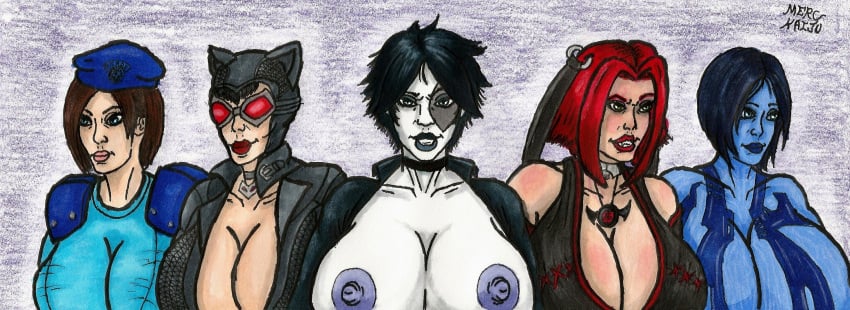 5girls alternate_breast_size batman:_arkham_city batman_(series) beret big_breasts biohazard black_bodysuit black_choker black_hair black_lips black_lipstick bloodrayne blue_body blue_eyes blue_hair blue_lips blue_shirt blue_skin bob_cut bodysuit breasts breasts_bigger_than_head breasts_exposed breasts_out brown_hair cat_ears catwoman choker cleavage clothed clothed_female clothing collarbone cortana crossover dc dc_comics dhampir domino_(marvel) eastern_and_western_character fangs female female_only goggles green_eyes hair_ribbon halo_(game) halo_(series) halo_4 human humanoid jill_valentine large_breasts looking_at_viewer marvel marvel_comics medium_hair merc_kaiju mostly_clothed multiple_females multiple_girls mutant necklace neena_thurman nipples pale-skinned_female pale_skin rayne red_hair red_lipstick resident_evil self_upload selina_kyle short_hair shoulder_pads smile teeth tight_clothes tight_clothing tight_shirt traditional_art traditional_drawing_(artwork) traditional_media traditional_media_(artwork) unzipped_bodysuit x-force x-men