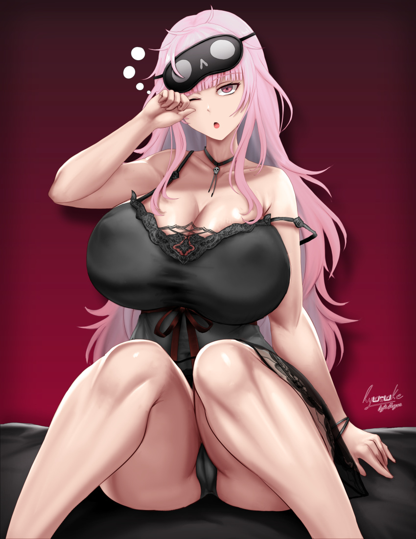 1girls big_breasts black_lingerie black_panties breasts choker color eye_mask female female_only hairband hi_res high_resolution hololive hololive_english hololive_myth huge_breasts large_breasts long_hair looking_at_viewer messy_hair mori_calliope nightwear nipple_bulge nipples_visible_through_clothing open_mouth pink_eyes pink_hair red_ribbon shoulders sitting sitting_on_bed sleepy thick_thighs virtual_youtuber vtuber waking_up white_skin wide_hips