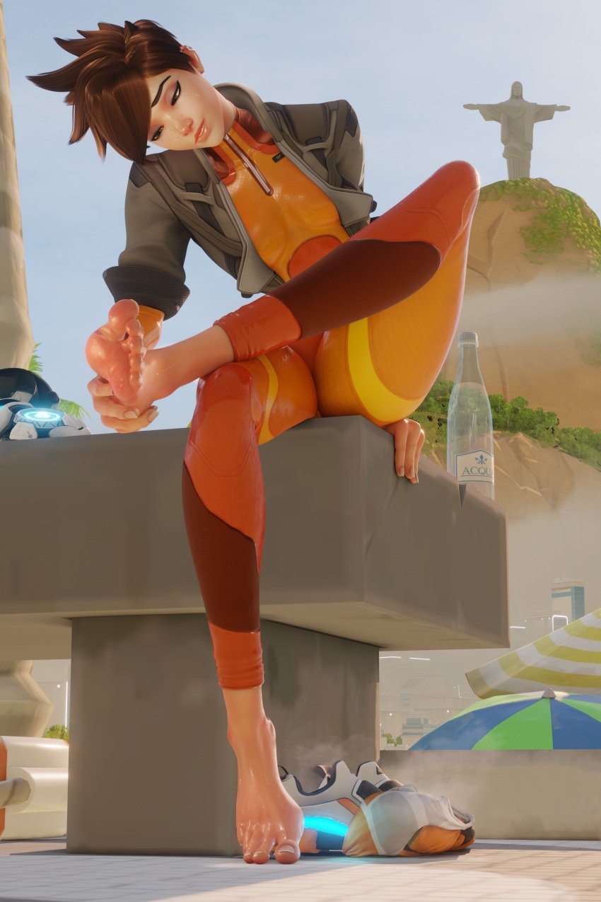 3d absurd_res barefoot big_feet blender blizzard_entertainment bodysuit brown_eyes brown_hair feet foot_fetish foot_focus footwear freckles freckles_on_face hazel_eyes hi_res jacket jesus_christ latex lena_oxton long_legs long_toes looking_down musk_clouds outdoors outside overwatch overwatch_2 shoes shoes_removed sitting smelly_shoes soles steam sweat sweaty_feet syclops toes tracer