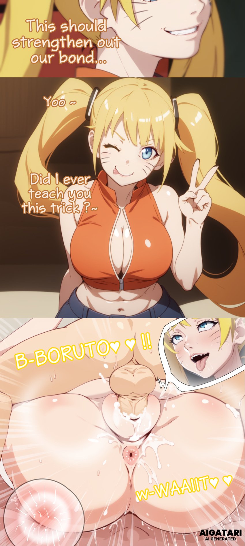 ai_generated aigatari blonde_hair blue_eyes boruto:_naruto_next_generations cleavage comic creampie cum cum_in_pussy cum_inside father father_and_son genderbent genderswap_(mtf) impregnation inbreeding incest incest_pregnancy incestuous_pregnancy large_breasts mating_press naruko naruto one_eye_closed rule_63 semen sex smirk smug son text twintails uzumaki_boruto uzumaki_naruto v v_sign vaginal_penetration whisker_markings wink