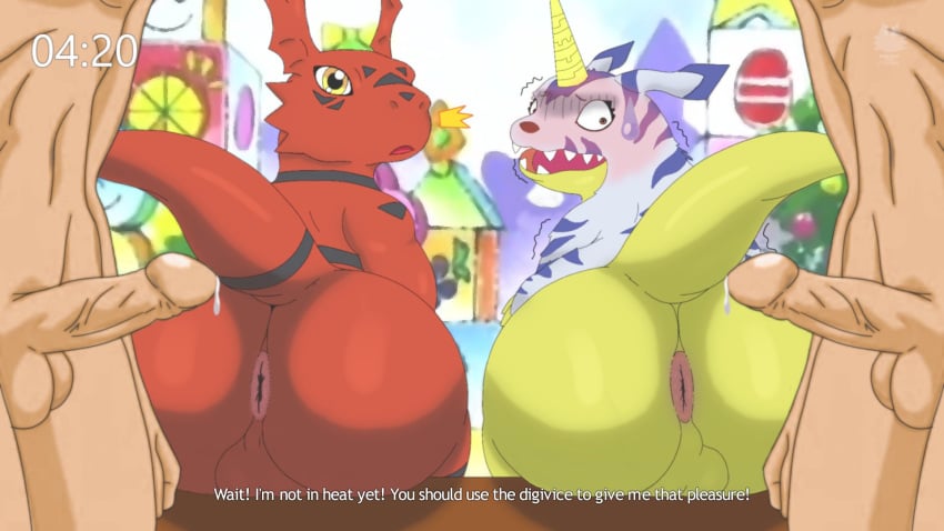 16:9 anthro ass bandai_namco big_butt digimon digimon_(species) duo english_text gabumon gay genitals guilmon hi_res horn human humanoid_genitalia humanoid_penis interspecies looking_back looking_confused male male/male male_only mammal multiple_boys nekoni penis tail text widescreen yaoi