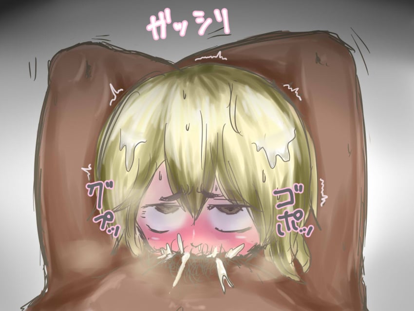 ahegao bernin blonde_hair blowjob blush blushing cum cum_in_mouth facefuck fellatio figure_four_headlock leg_lock male_pubic_hair original penis_in_mouth pubic_hair