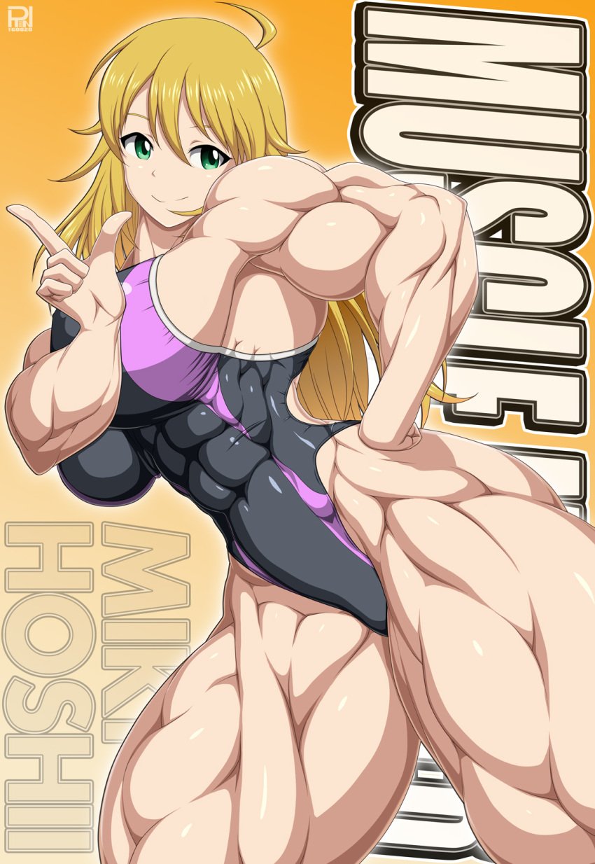 abs blonde_female blonde_hair breasts female_only green_eyes idolmaster leotard looking_at_viewer miki_hoshii muscle muscles muscular muscular_female ren_(tainca2000) rentb studio_ren