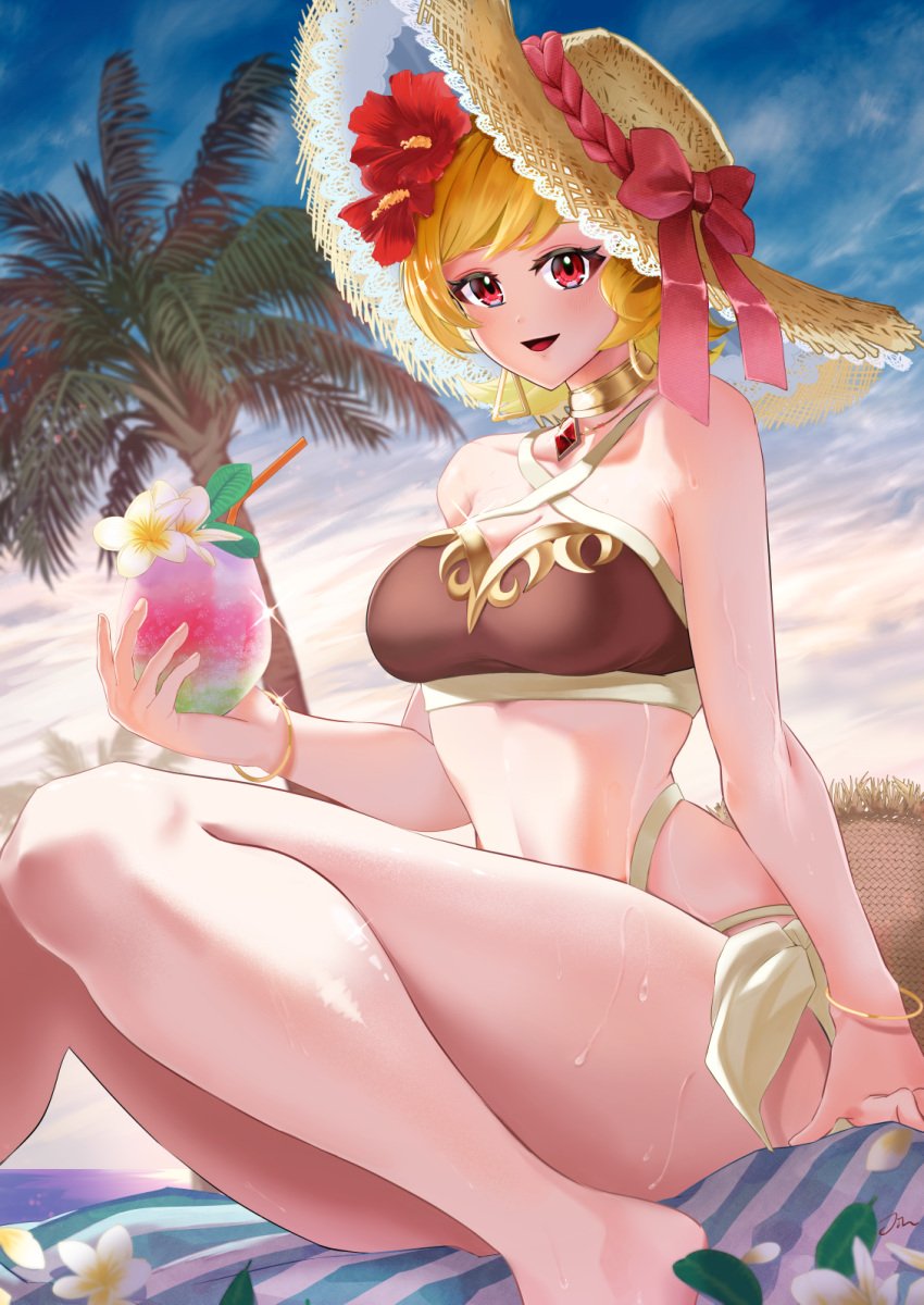 1girls alternate_costume bare_legs bare_thighs beach bikini blonde_hair brown_bikini brown_swimsuit citrinne_(fire_emblem) drink earrings female female_only fire_emblem fire_emblem_engage flower hair_flower hat jin_noumi legs looking_at_viewer nintendo open_mouth outdoors palm_tree red_eyes short_hair smile solo straw_hat sun_hat swimsuit thick_thighs thighs tree wet