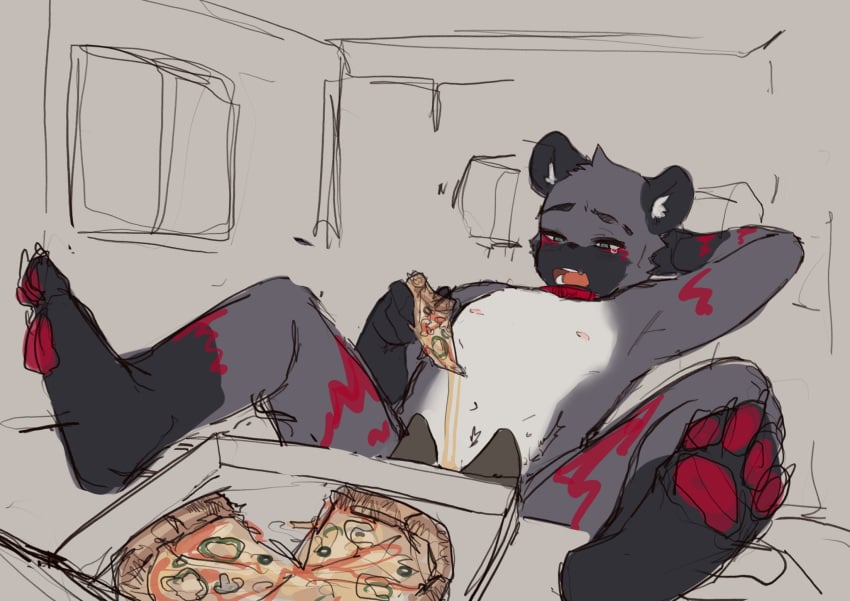 black_fur blowjob blowjob_under_table cute eating eating_food feet feet_on_table foot_fetish furry naked nyah_hyena pizza pleasure_face pleasured sitting under_the_table