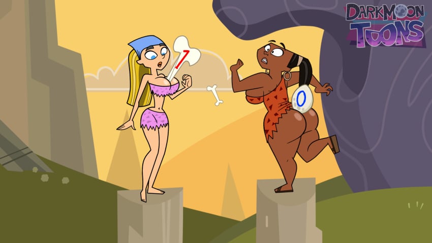 2girls ass barefoot big_ass big_breasts black_hair blonde_hair cavewoman cleavage clothing dark-skinned_female darkmoontoons female female_only leshawna_(tdi) light-skinned_female lindsay_(tdi) multiple_girls navel overflowing_breasts total_drama_island