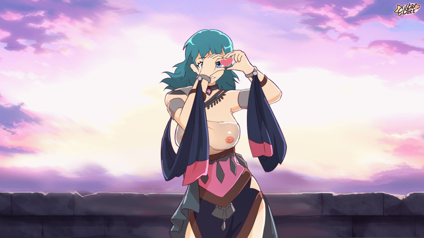 1girls alternate_costume animated balcony big_breasts blue_eyes bouncing_breasts breasts byleth_(fire_emblem) byleth_(fire_emblem)_(female) c_starlett dancer dancer_(three_houses) dancing female female_only fire_emblem fire_emblem:_three_houses gesture heart_hands large_breasts looking_at_viewer mp4 nintendo no_sound official_alternate_costume outdoors see-through sky solo source_request sunset teal_hair transparent_clothing video wholesome