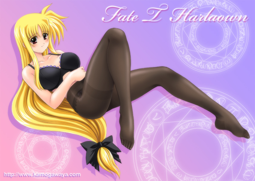 blonde_hair blush bow bra fate_testarossa hairbow kamogawa_tanuki kamogawaya lingerie long_hair low-tied_long_hair lyrical_nanoha magic_circle mahou_shoujo_lyrical_nanoha mahou_shoujo_lyrical_nanoha_strikers octagram panties panties_under_pantyhose pantyhose red_eyes star_of_lakshmi tights underwear very_long_hair