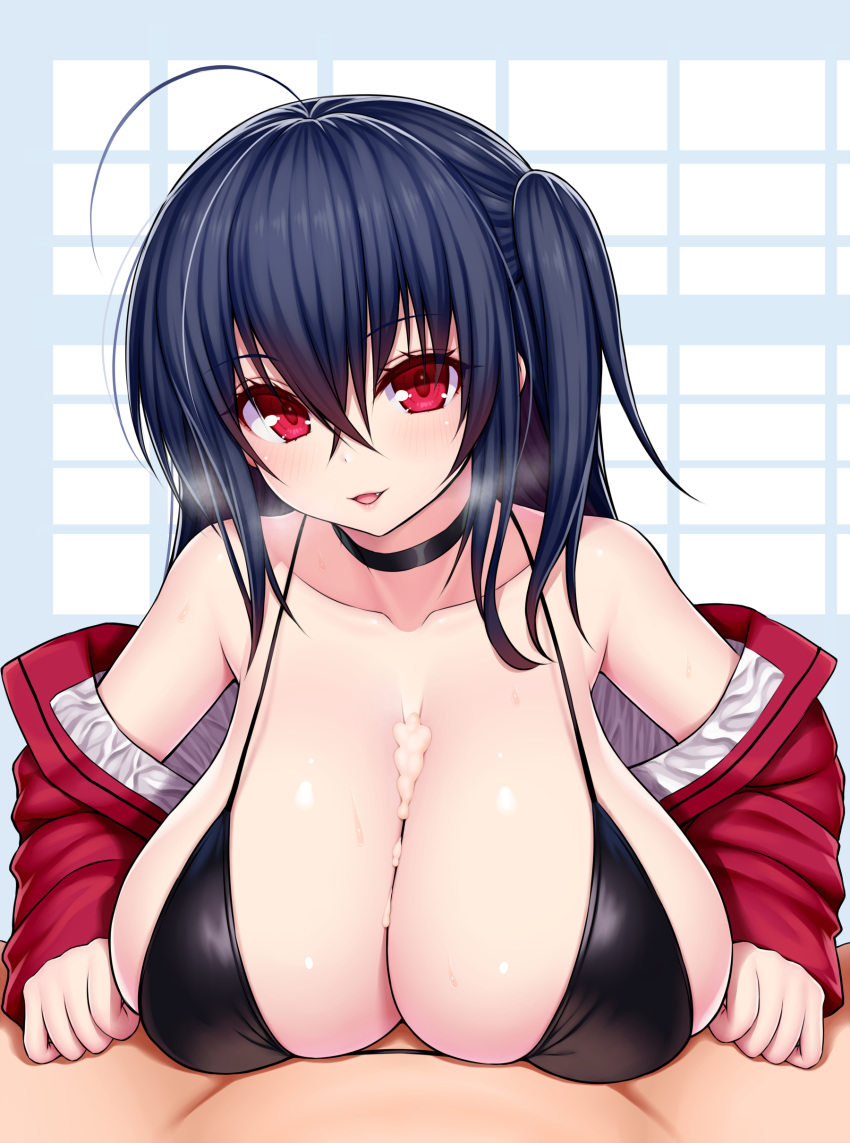 1boy 1girls absurdres ahoge asamura_hiori azur_lane bangs bare_shoulders bikini black_bikini black_choker black_hair breasts breasts_bigger_than_head choker commentary_request cum cum_on_body cum_on_breasts cum_on_upper_body eyebrows_visible_through_hair female gigantic_breasts heavy_breathing highres jacket large_breasts looking_at_viewer off-shoulder_jacket off_shoulder open_clothes open_jacket open_mouth paizuri race_queen red_eyes red_jacket straight swimsuit taihou_(azur_lane) taihou_(enraptured_companion)_(azur_lane) tied_hair