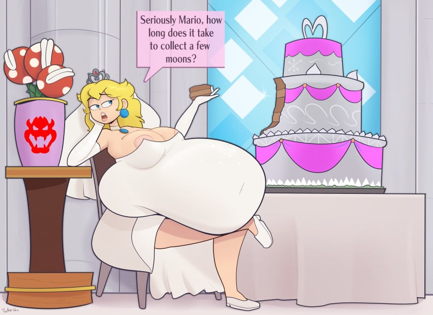 areolae belly big_belly big_breasts bloated_belly blonde_hair breasts dialogue eating fat female food huge_belly mario_(series) obese piranha_plant piranha_plant_bouquet princess_peach stuffed stuffed_belly stuffing super_mario_odyssey text theneverwere wedding_dress wedding_peach_(super_mario_odyssey) weight_gain