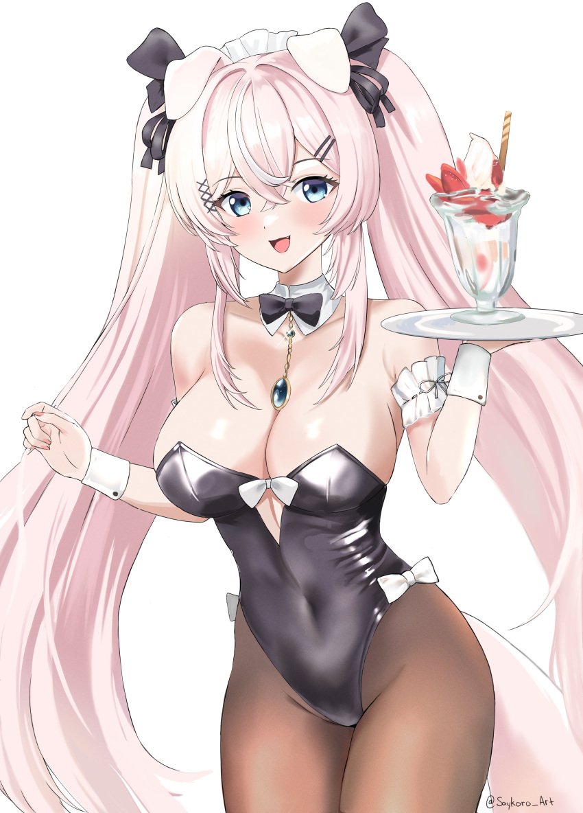 1girl 1girls :d animal_ears bare_shoulders black_bow black_legwear black_leotard black_neckwear blue_eyes bow bowtie breasts brown_legwear bunny_ears bunny_tail bunnysuit cleavage collarbone covered_navel cowboy_shot cup detached_collar dog_ears dog_girl drinking_glass eyebrows_visible_through_hair fang female female_only hair_between_eyes hair_bow hair_ornament hairclip holding holding_tray ice_cream jewelry large_breasts leotard long_hair looking_at_viewer open_mouth pantyhose parfait pink_hair playboy_bunny_leotard simple_background smile solo standing strapless strapless_leotard striped tail tray twintails very_long_hair virtual_youtuber vyugen white_background white_bow wine_glass wrist_cuffs yuniiho_(character)