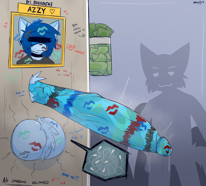 aimpunch anthro azura_(aimpunch) balls big_balls big_penis blue_body blue_fur blue_hair bodily_fluids censor_bar censored circumcised dripping fluffy fur genital_fluids genitals glory_hole hair hi_res huge_cock hyper hyper_genitalia hyper_penis kiss_mark lipstick lipstick_mark lipstick_on_balls lipstick_on_penis makeup male mammal money musk penis piercing portrait precum precum_drip presenting_penis procyonid pubes raccoon rainbow_party solo sperm_cell testicle_x-ray text through_wall unknown_character vein veiny_penis