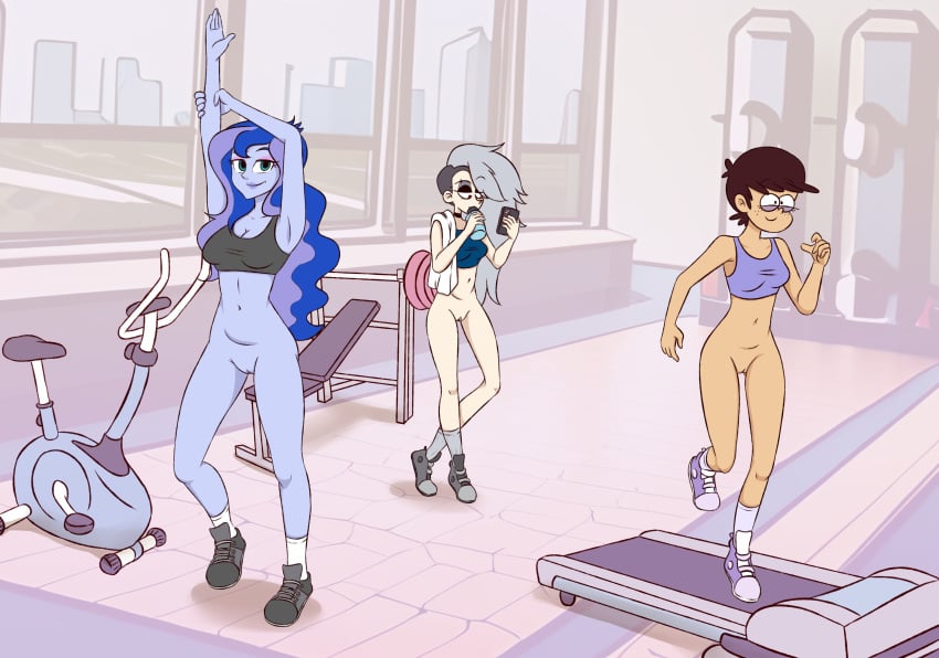 bench_press bottomless bottomless_female casual casual_bottomless city_background cityscape clothing commission drawsoyeah drinking electronics equestria_girls exercise_bike exercise_equipment exposed_pussy female footwear gym helluva_boss human human_loona incline_bench loona_(helluva_boss) luna_loud my_little_pony pale_skin phone public sports_bra sportswear sweat the_loud_house treadmill vagina vice_principal_luna water window workout