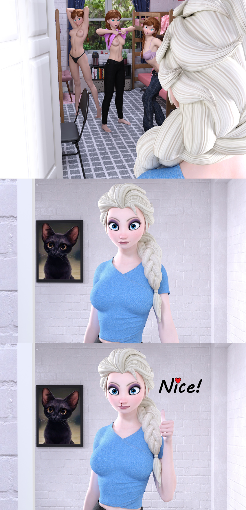 3d anna_(frozen) barefoot boobs caught clothes_lift disney disney_princess dress_up elsa_(frozen) frozen_(film) green_eyes incest long_legs nosebleed pale-skinned_female pale_skin thumb_up tommytinycat twintails undress undressed undressing