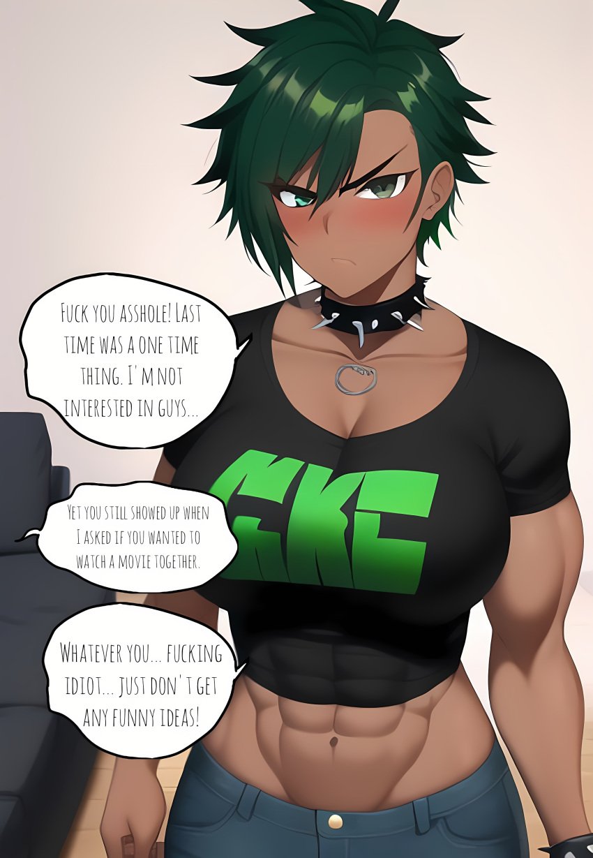 1futa ai_generated before_sex dark_skin date futanari futasub green_eyes green_hair hesitant large_breasts male_pov morgan_(xdk141) novelai pov spiked_collar xdk141