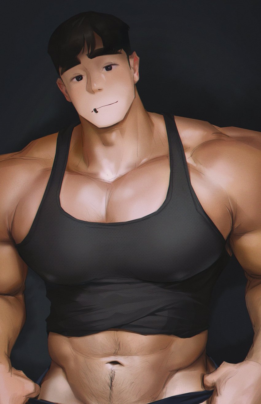 bara bara_tiddies bara_tits beefy big_pecs black_tank_top body_hair buff daddy dark_hair hoonzino huge_pecs lad lip_piercing male male_nipples male_only manly muscular_male muscular_shoulders nipple_bulge oc piercing solo tank_top tank_top_up v-line